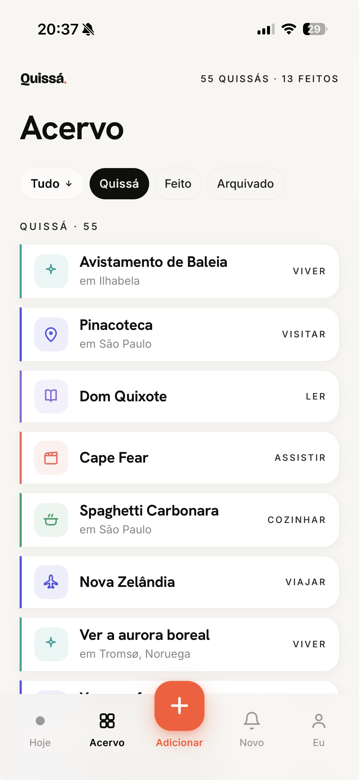 App Quissá — acervo, 55 quissás guardados