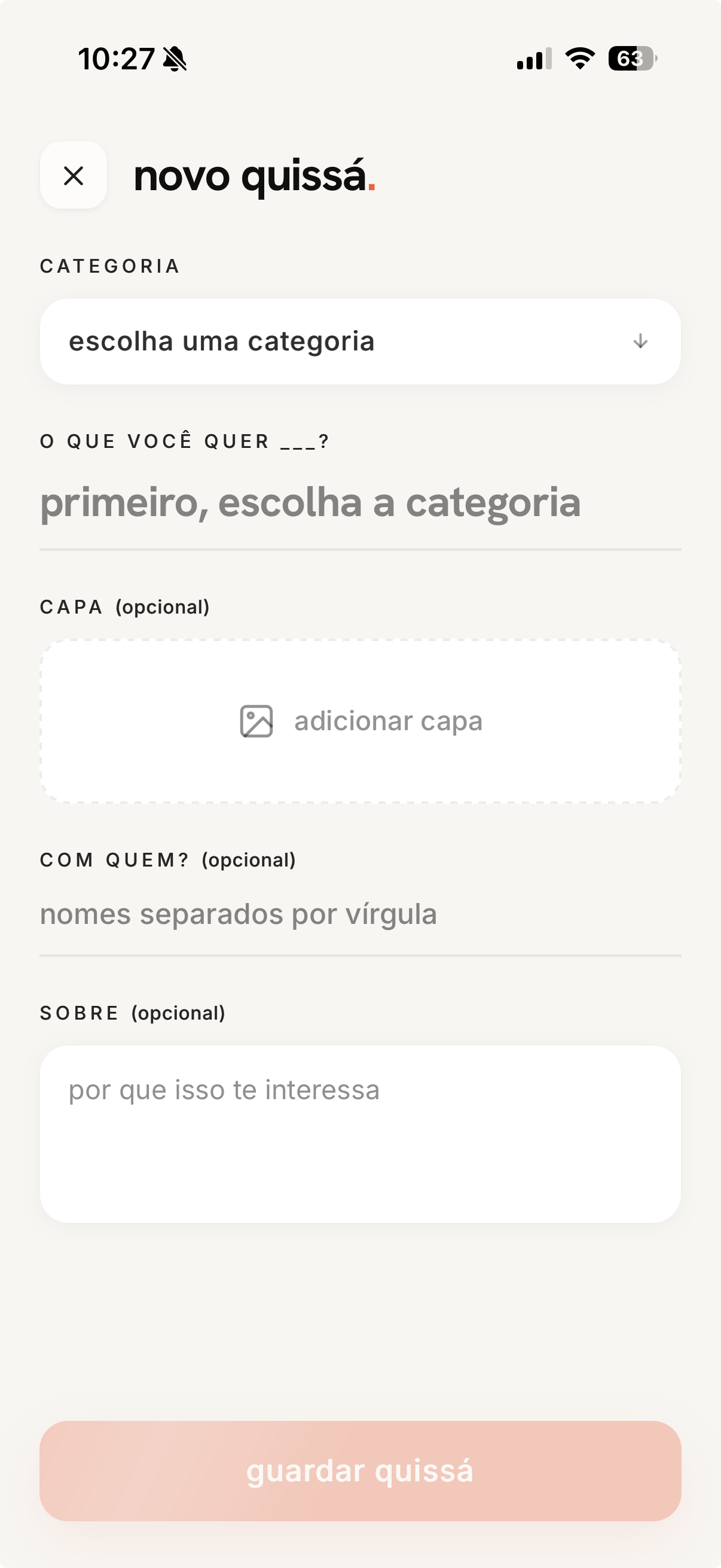 App Quissá — novo quissá, categoria vazia